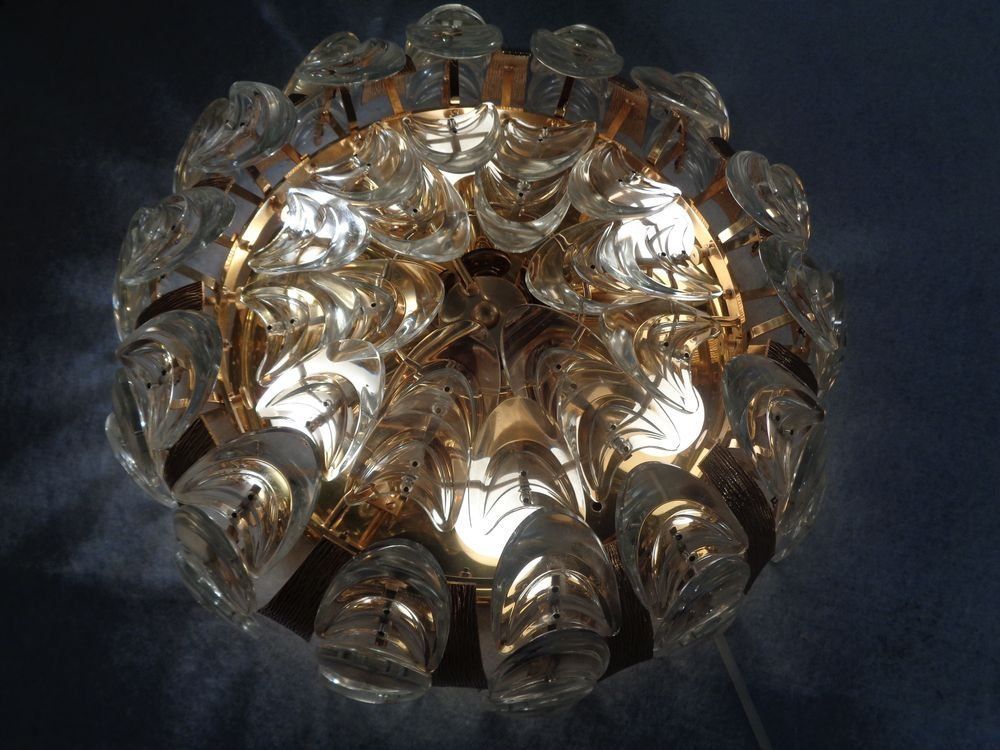 Large Gilded Brass And Crystal Glass Ceiling Lamp By Ernst Palme For Palwa 1960s photo Lighting