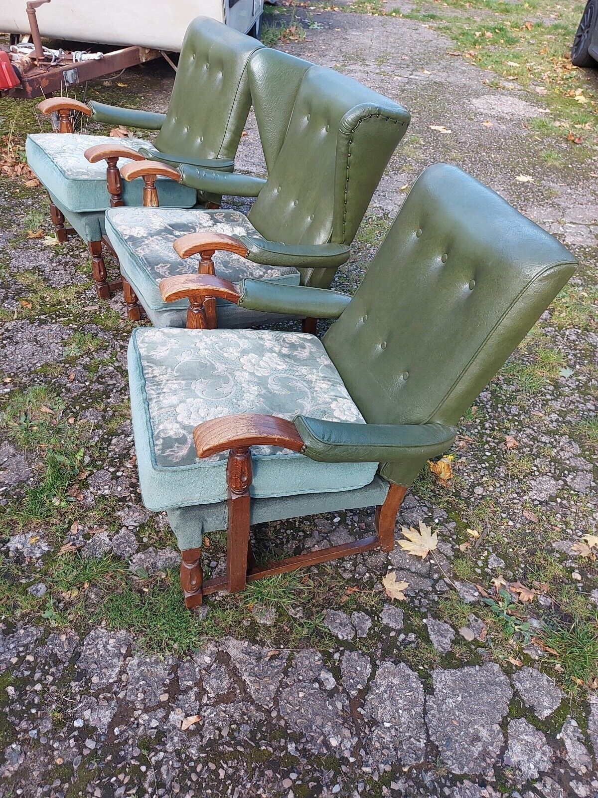 3 Vintage/Retro/Mid Century Green Vinyl Backed Oak Framed Armchairs, 1 Wing Back photo 180.0