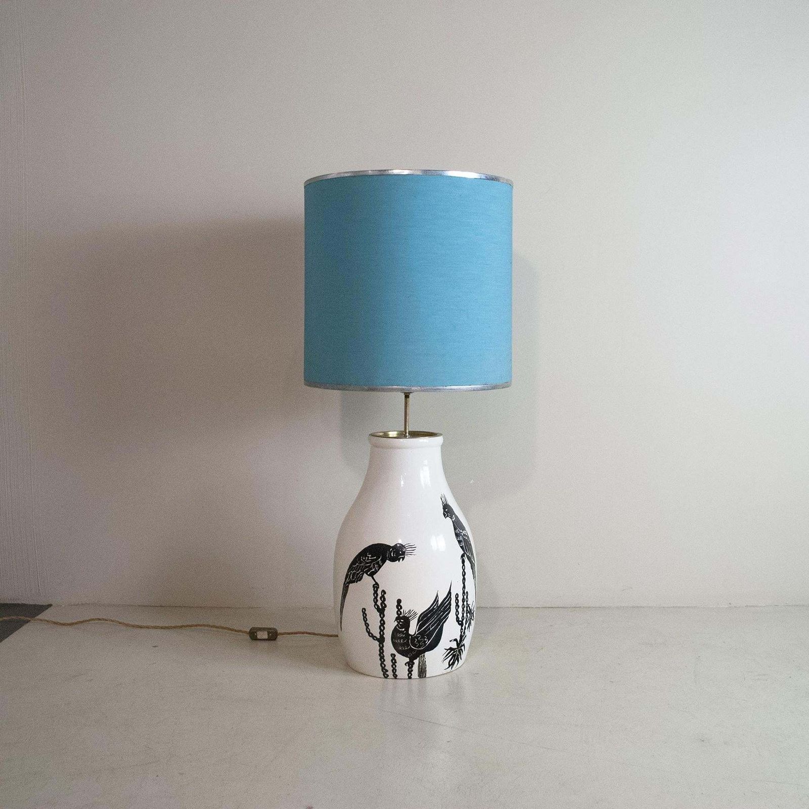 Italian Midcentury Ceramic Table Lamp With Parrots Painting From The Sixties photo for sale