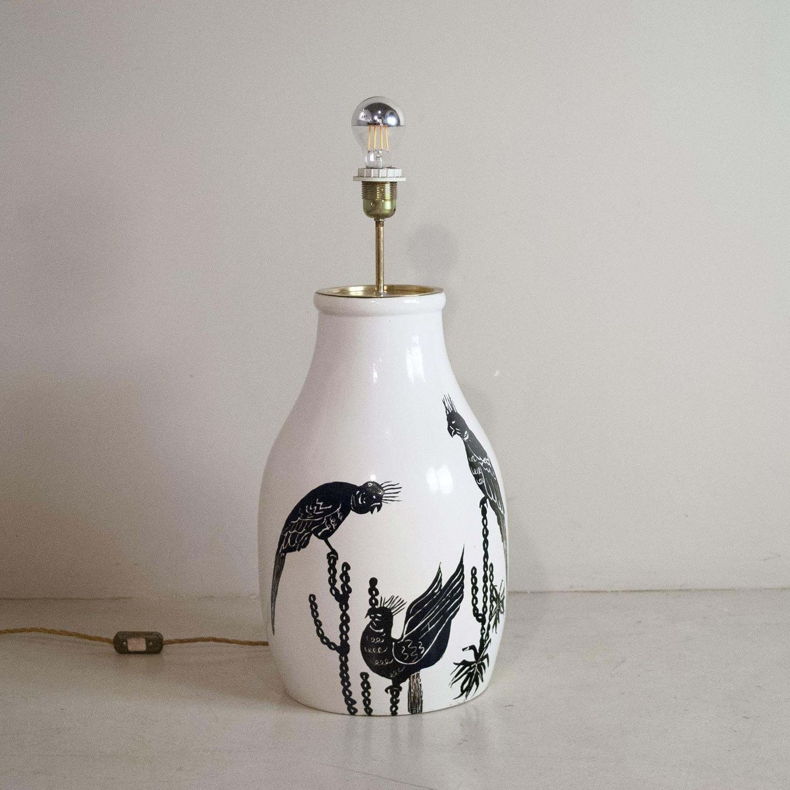 Italian Midcentury Ceramic Table Lamp With Parrots Painting From The Sixties photo vinterior