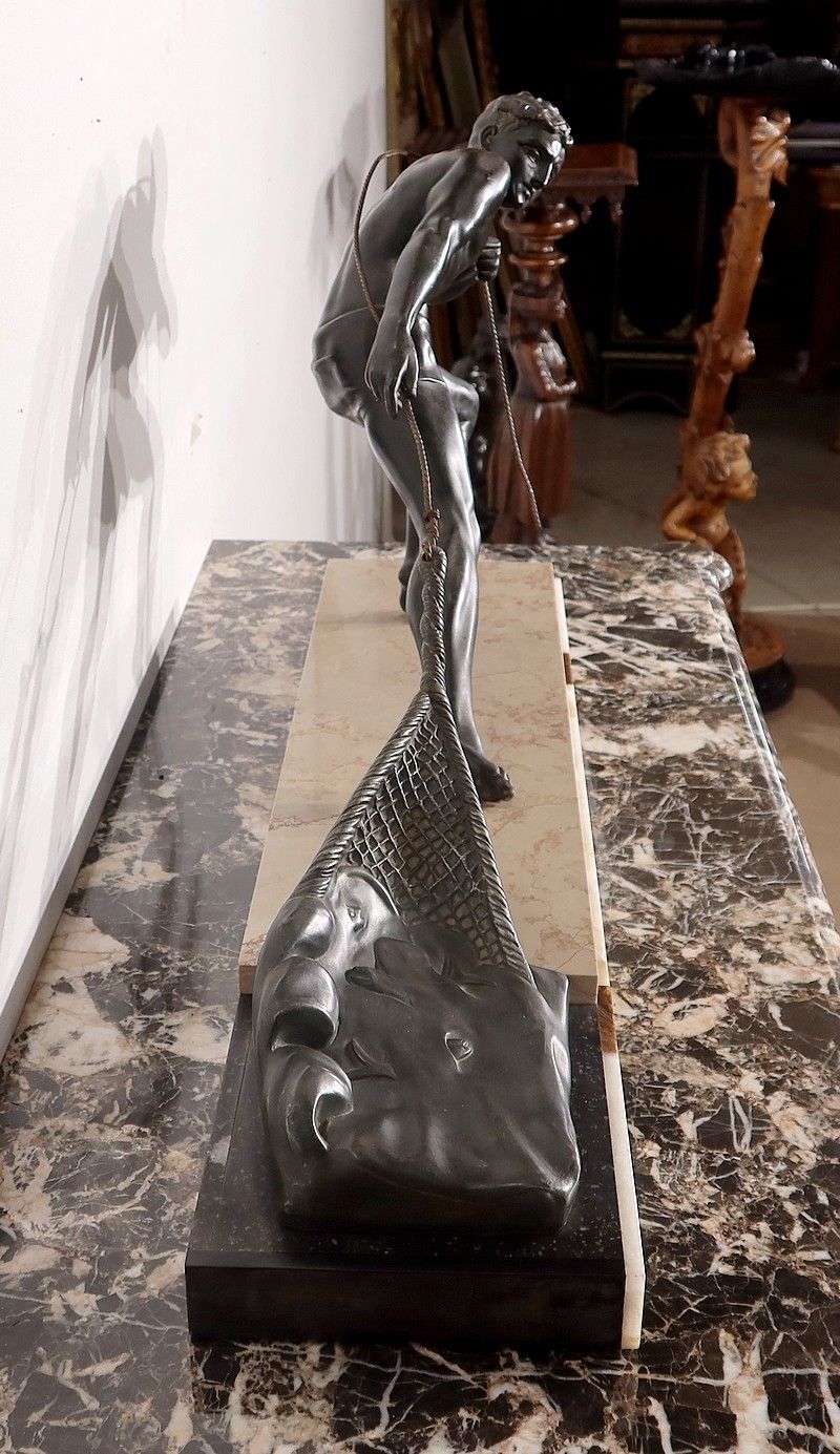 photo vintage Important Spelter Sculpture "The Fisherman", By J. De Roncourt, Art Deco   1930