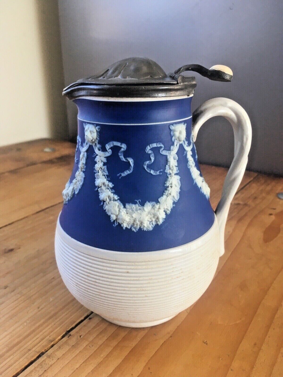 240.0 Graduated Set Of Cobalt Jasperware Ribbed Lion Pewter Water Jugs Dudson Wedgwood photo