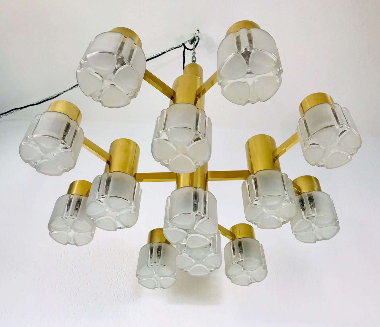 Monumental Swedish Mid Century Modern Brass And Ice Glass Chandelier, 1960s photo furniture