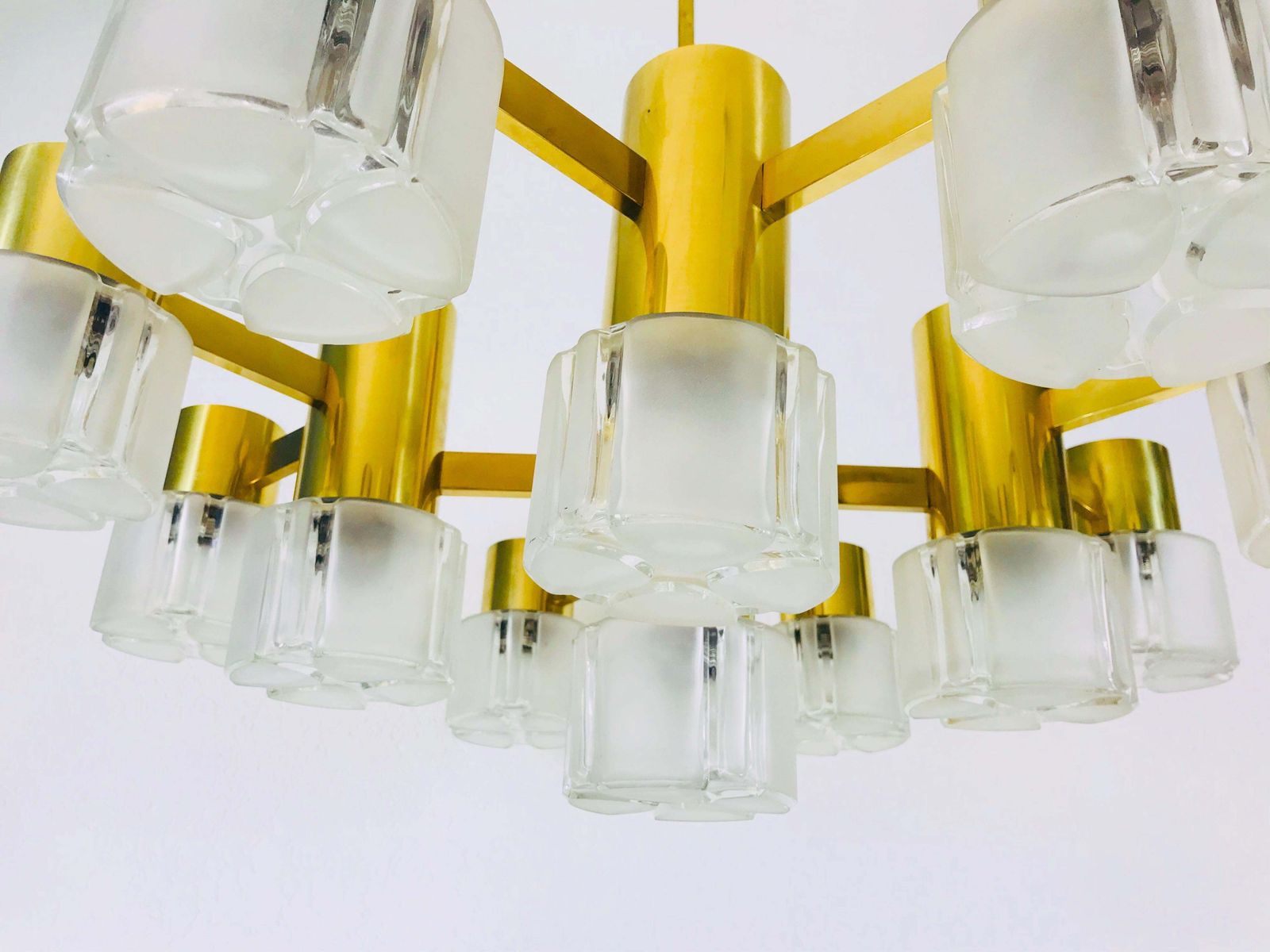 Monumental Swedish Mid Century Modern Brass And Ice Glass Chandelier, 1960s photo 3195.0