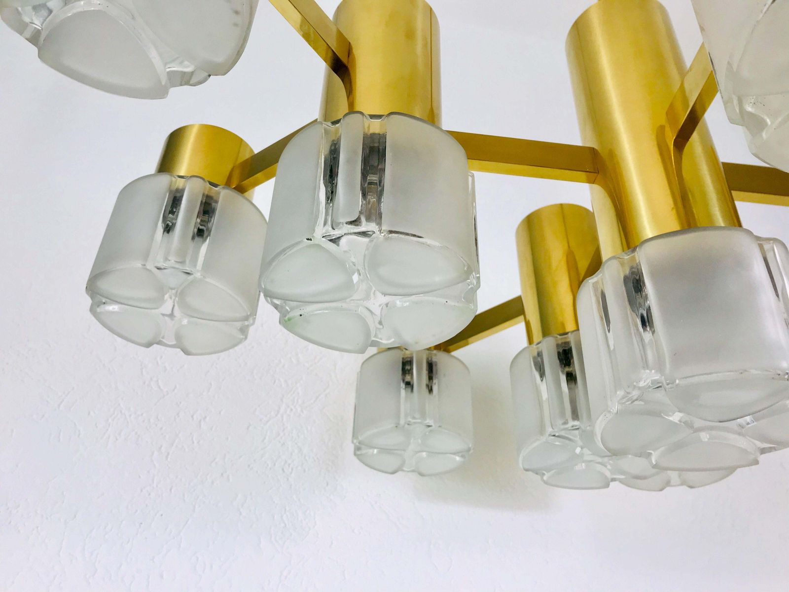 Monumental Swedish Mid Century Modern Brass And Ice Glass Chandelier, 1960s photo vinterior