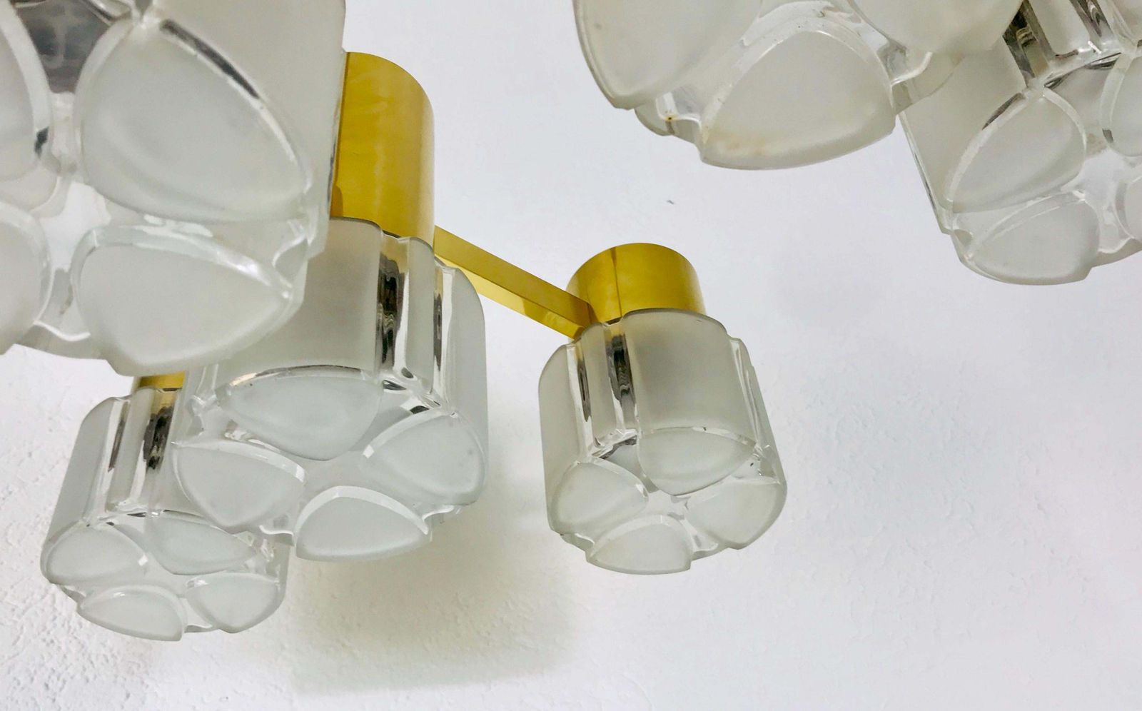 Monumental Swedish Mid Century Modern Brass And Ice Glass Chandelier, 1960s photo buy