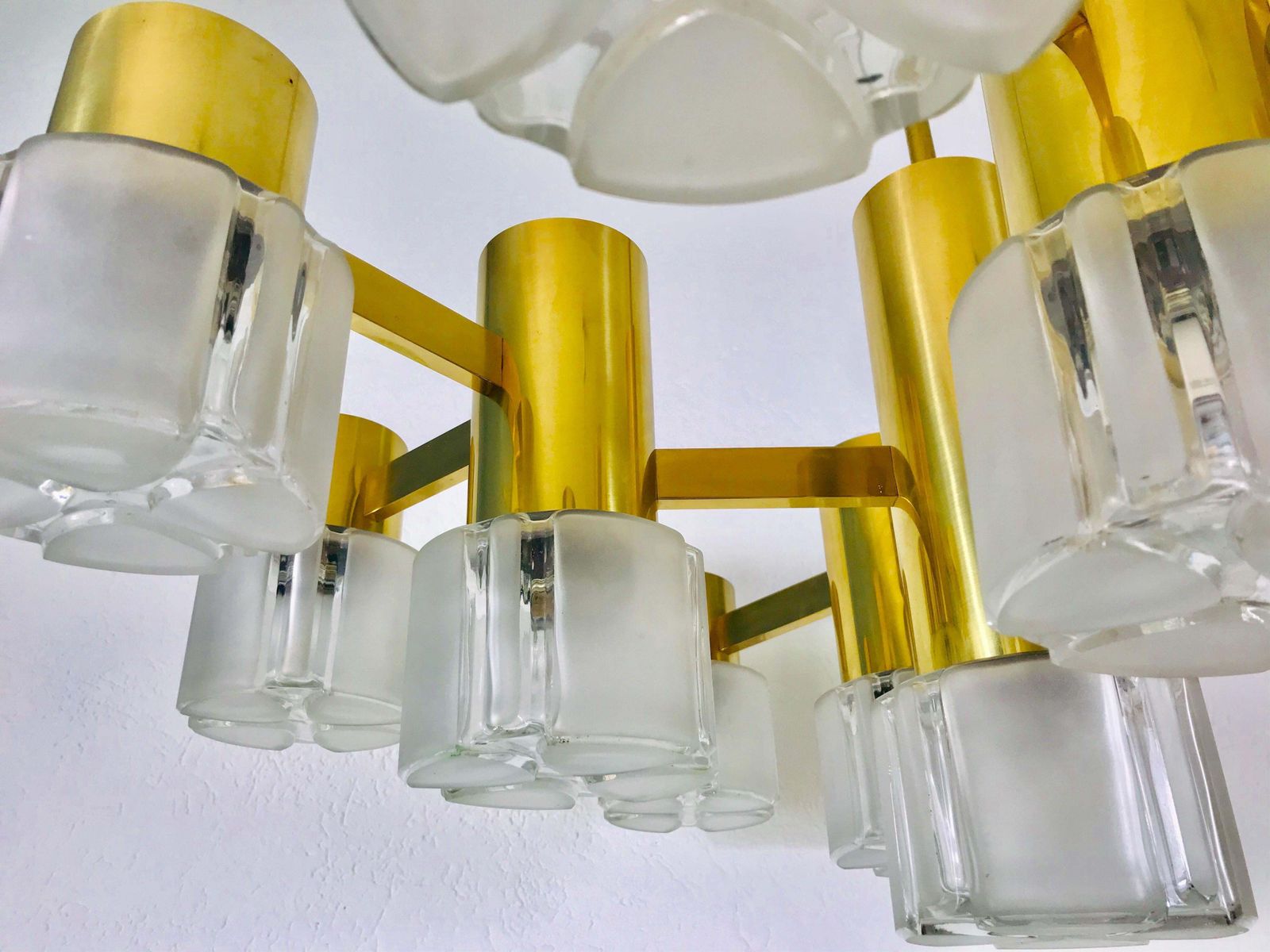Lighting Monumental Swedish Mid Century Modern Brass And Ice Glass Chandelier, 1960s photo