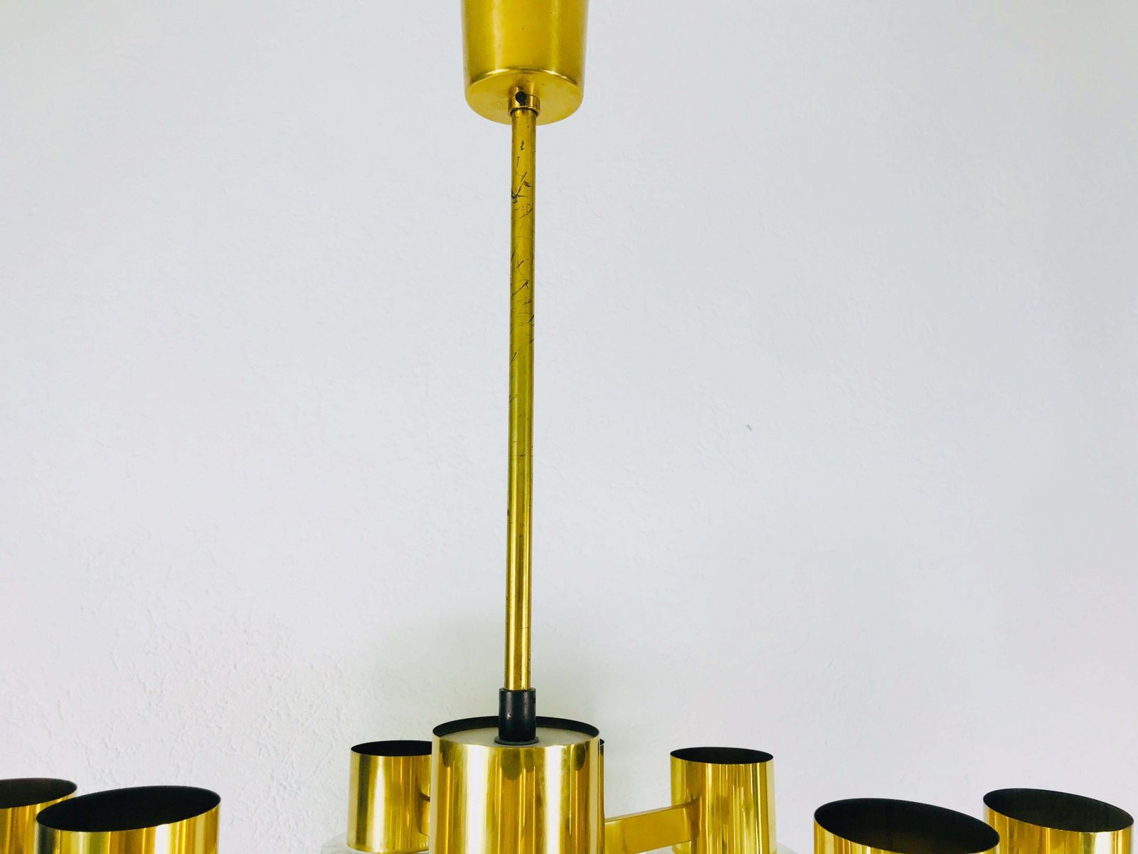 photo vintage Monumental Swedish Mid Century Modern Brass And Ice Glass Chandelier, 1960s