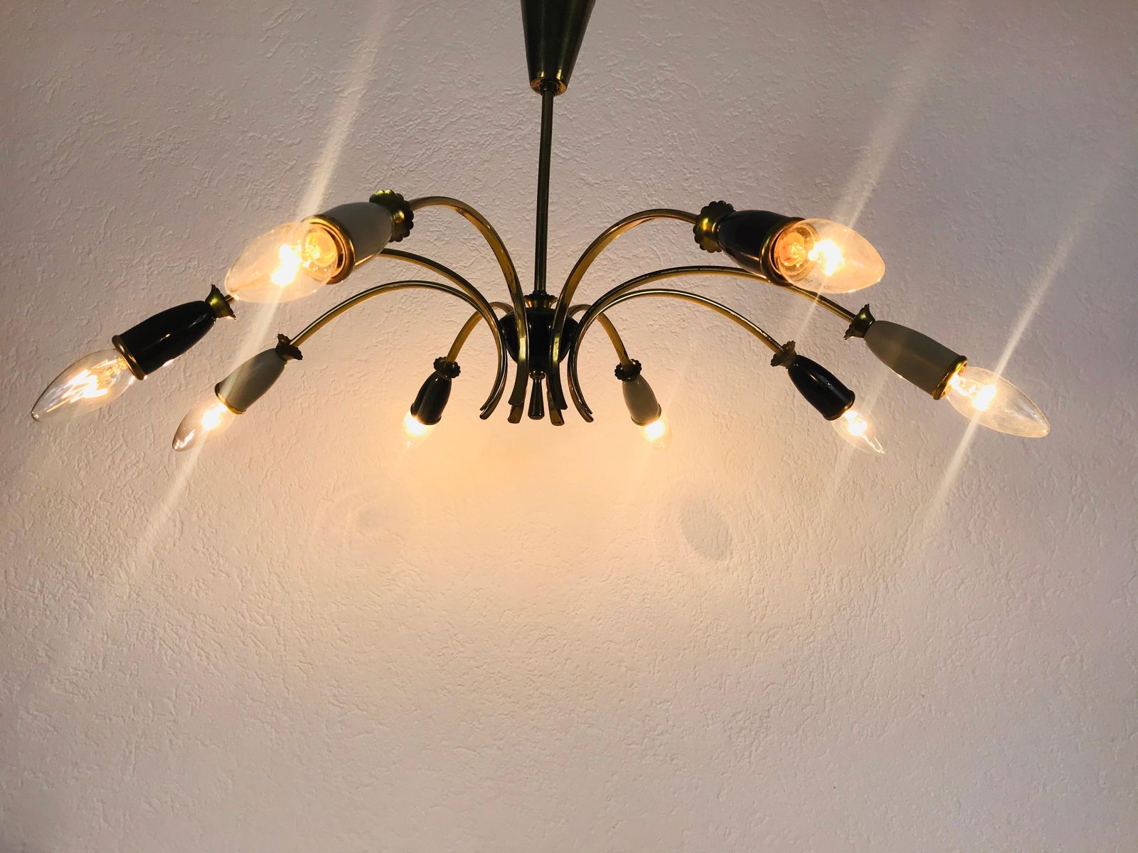 Large Midcentury Brass 8 Arm Sputnik Chandelier, 1950s photo for sale