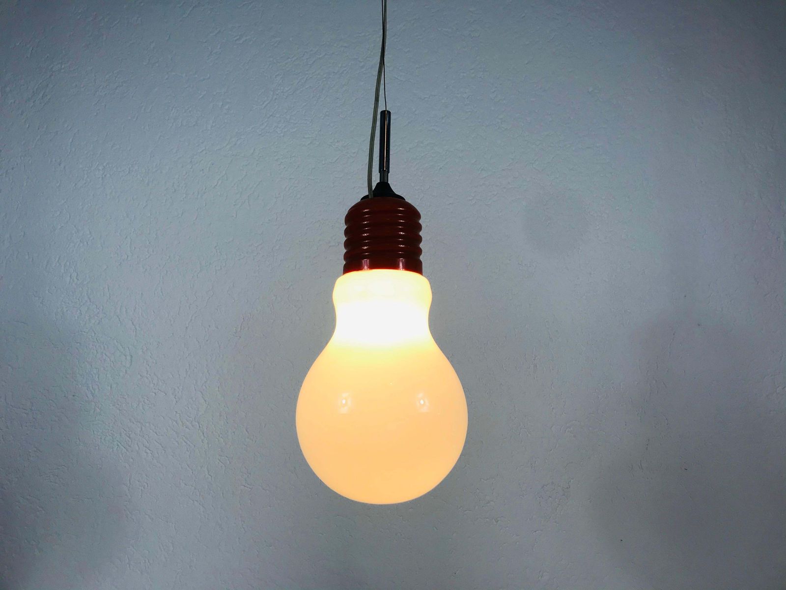 Italian Red Metal And Opaline Glass Hanging Lamp, 1970s, Italy