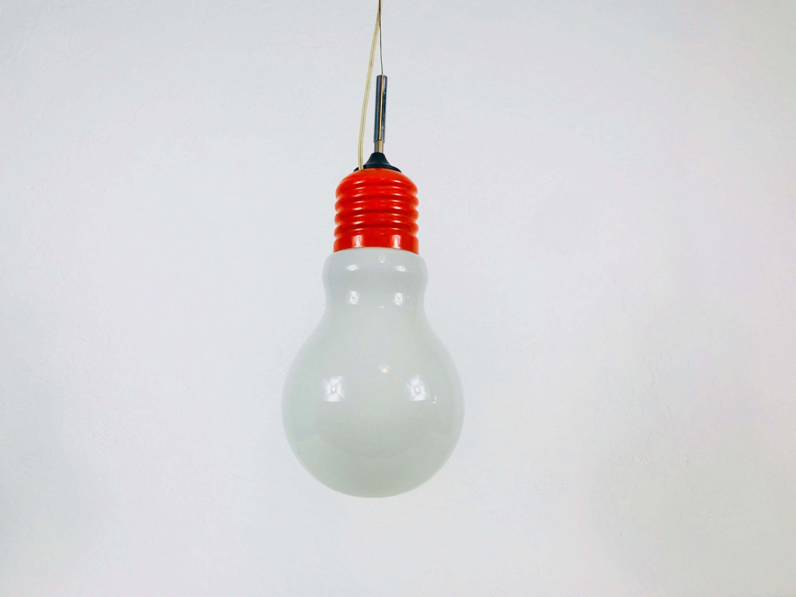 Italian Red Metal And Opaline Glass Hanging Lamp, 1970s, Italy photo furniture