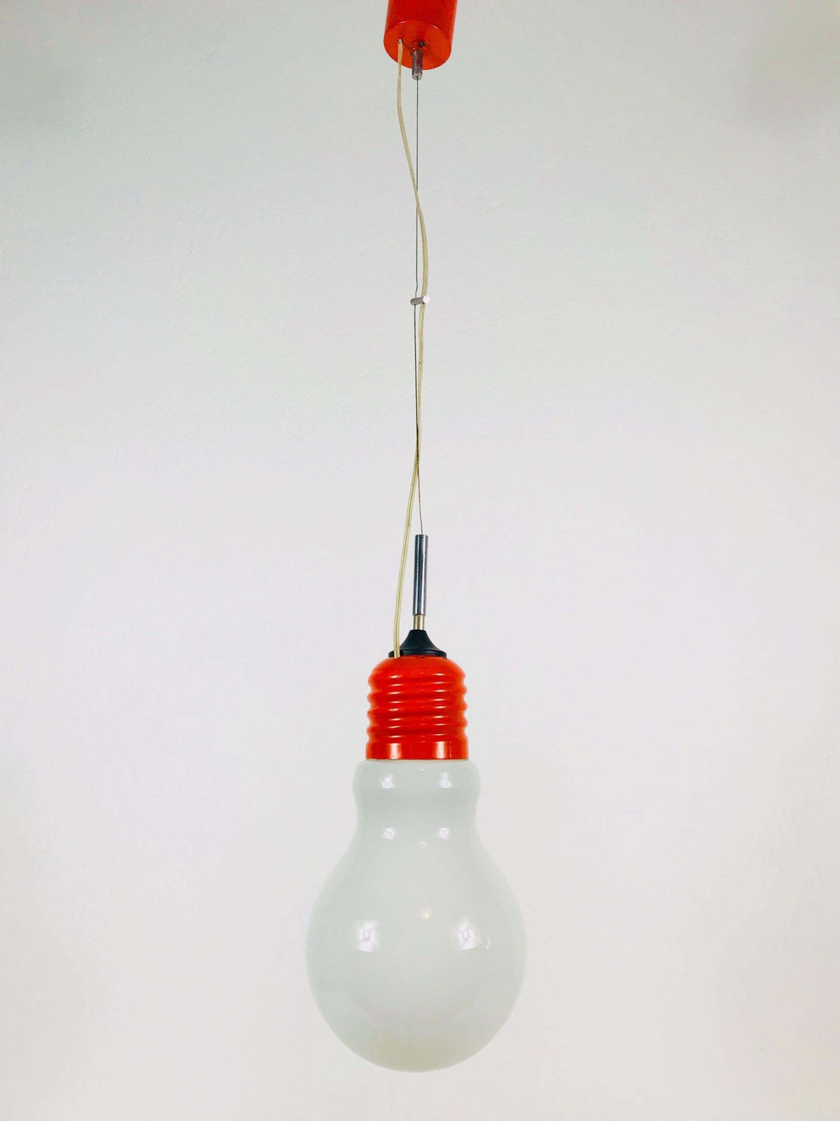 Italian Red Metal And Opaline Glass Hanging Lamp, 1970s, Italy photo Lighting