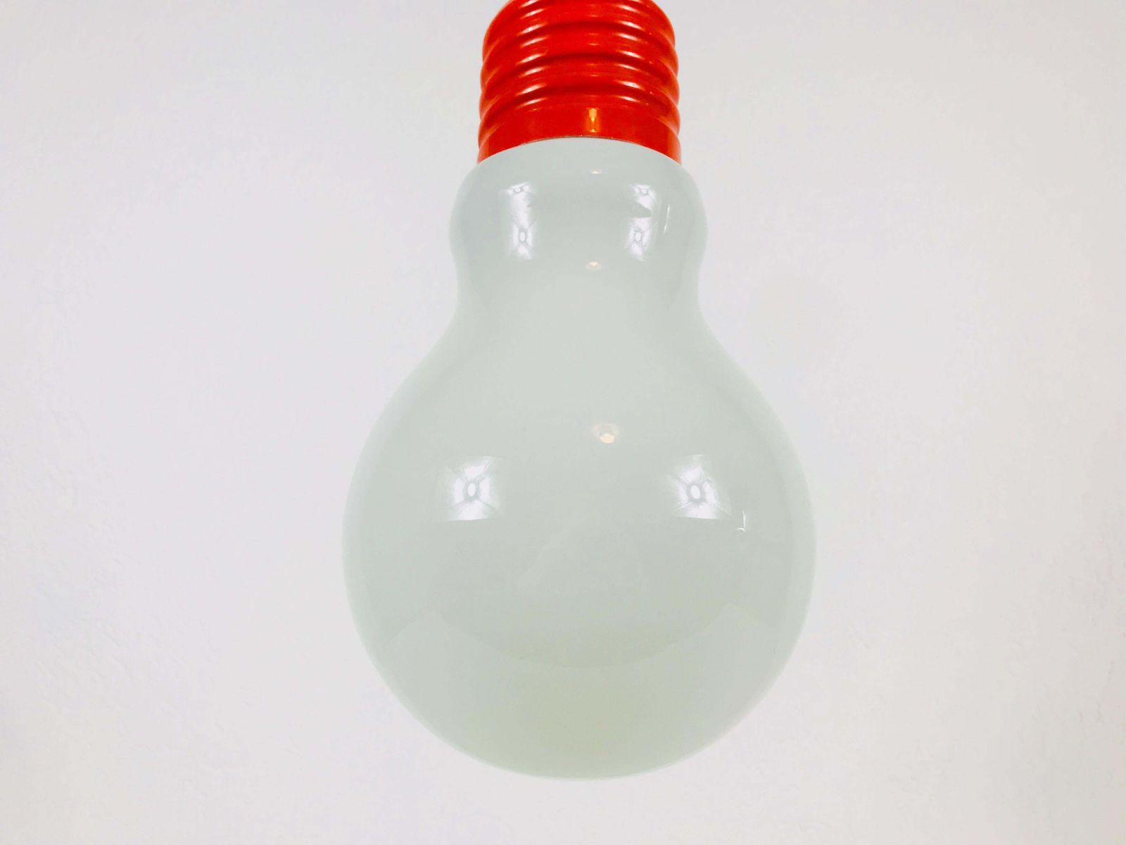 Italian Red Metal And Opaline Glass Hanging Lamp, 1970s, Italy photo vinterior