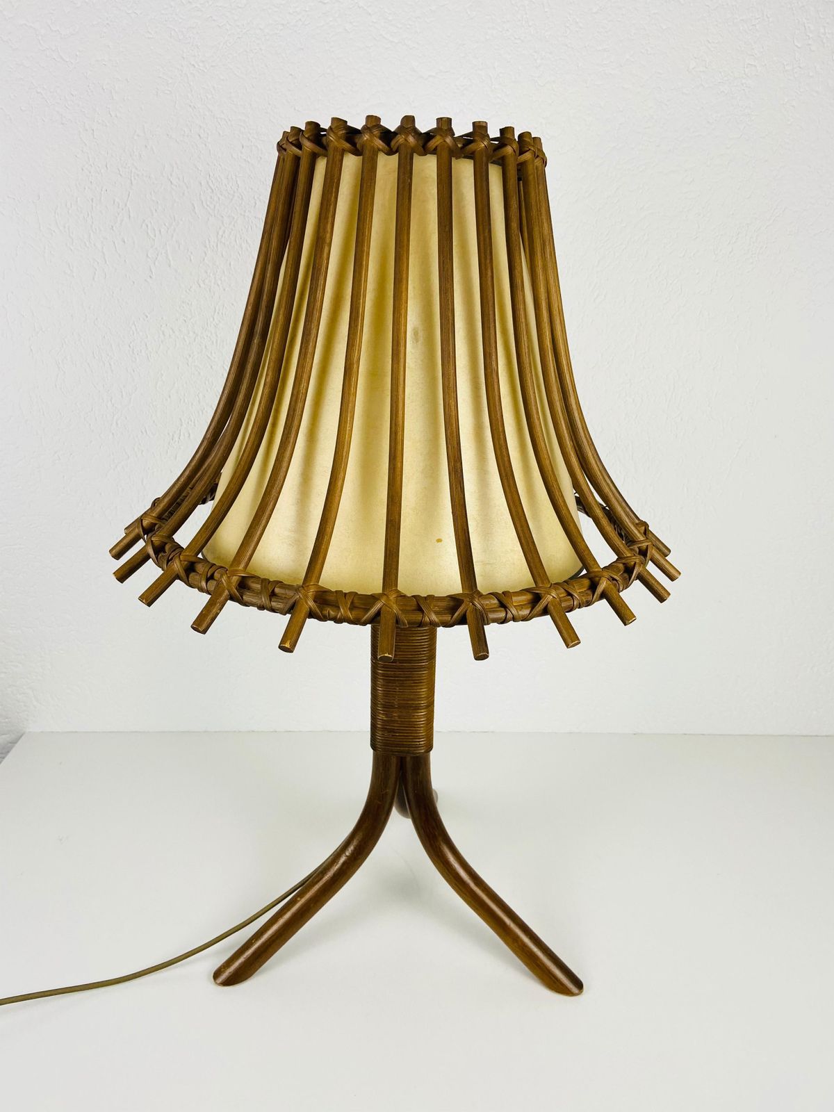 Midcentury Teak And Rattan Table Lamp, Circa 1970 photo Lighting