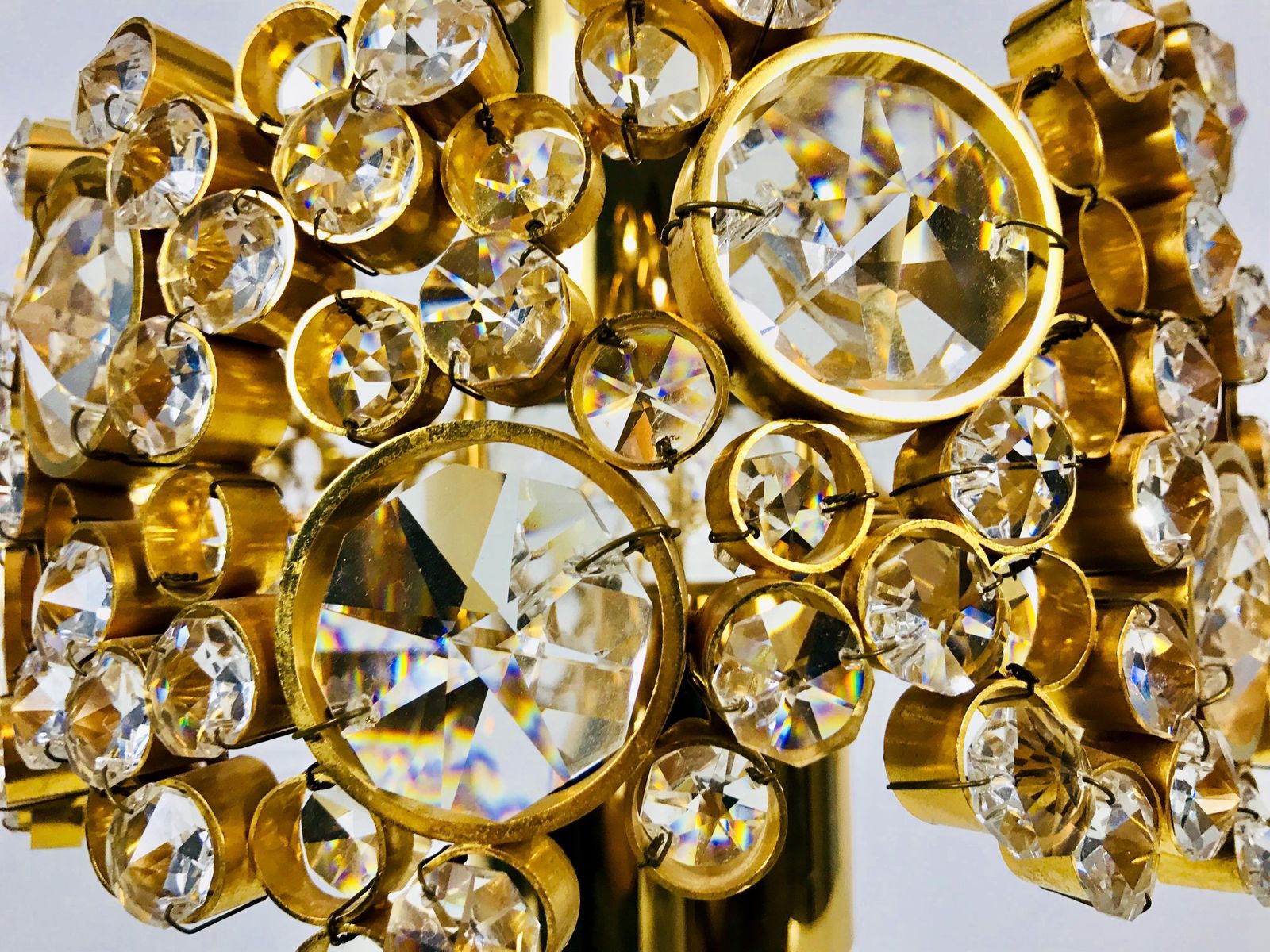 Pair Of Gilt Brass And Crystal Glass Chandeliers By Palwa, Germany, 1970s photo buy