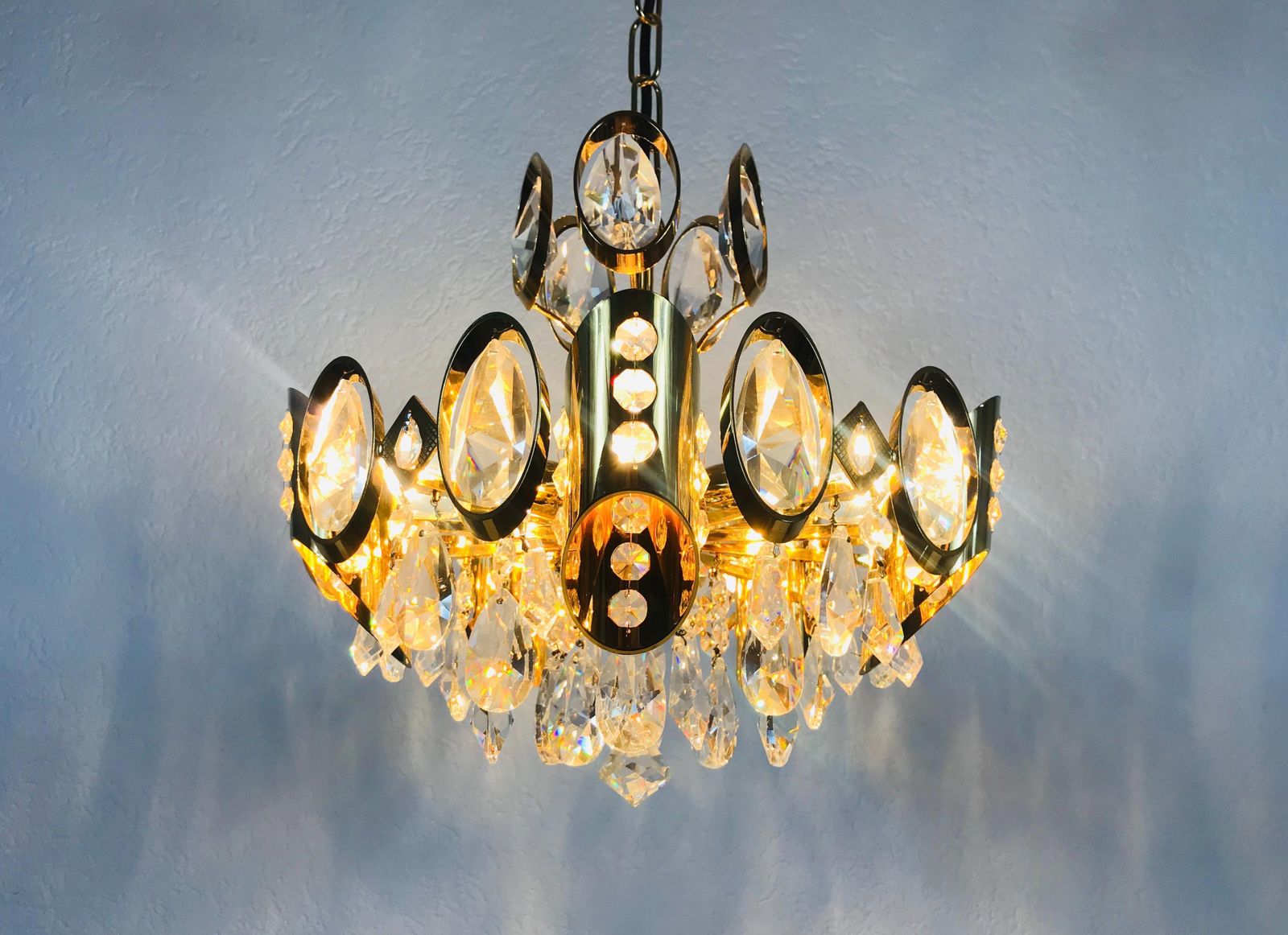 Golden Gilded Brass And Crystal Glass Chandelier By Palwa, Germany, 1960s photo for sale