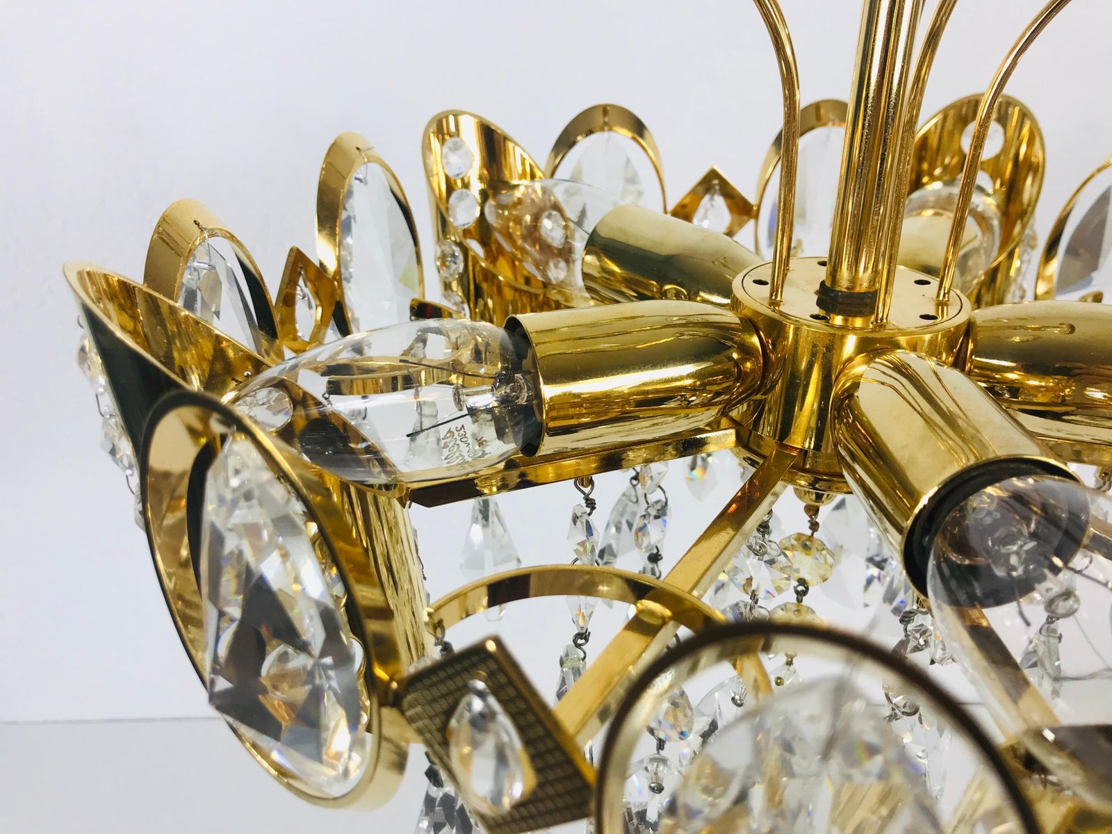 Lighting Golden Gilded Brass And Crystal Glass Chandelier By Palwa, Germany, 1960s photo