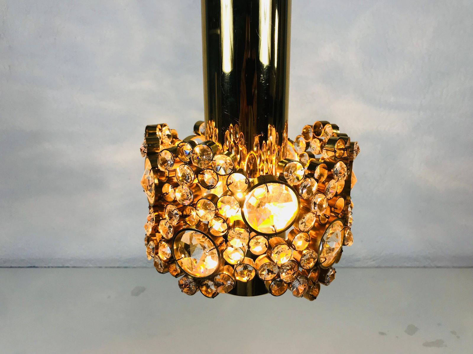 Gilt Brass And Crystal Glass Chandelier By Palwa, Germany, 1970s photo for sale