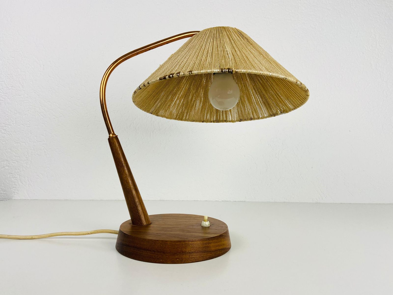 Midcentury Teak And Rattan Table Lamp By Temde, Circa 1970 photo for sale