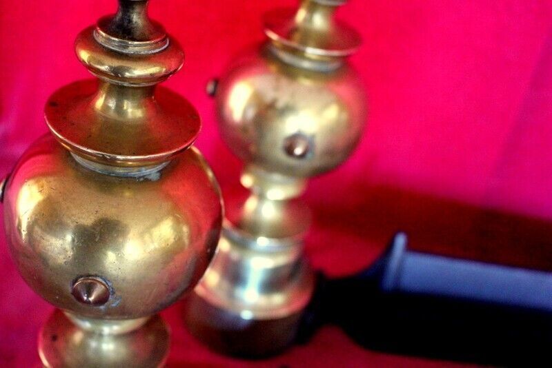 Pair Of Italian Antique Cast Iron And Brass Fireplace Andirons Fire Dogs 19th C photo vinterior