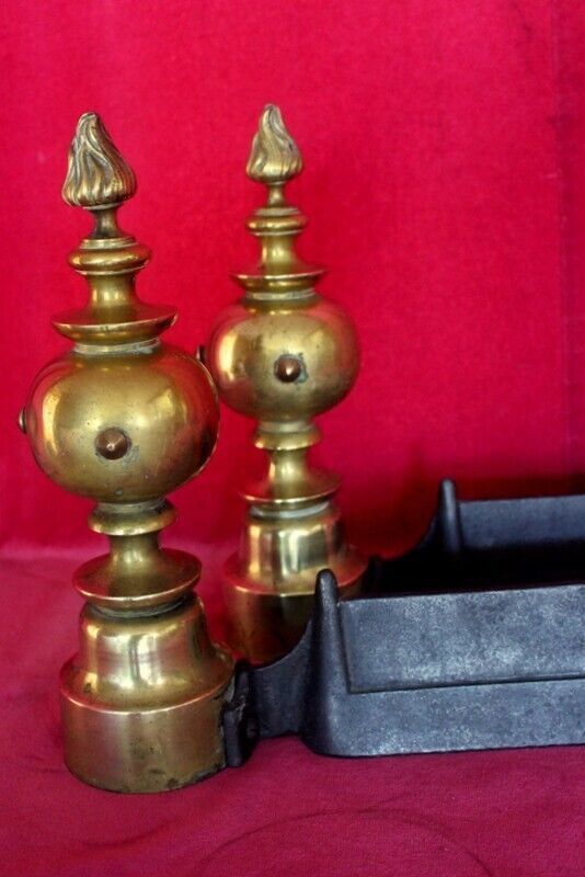 Pair Of Italian Antique Cast Iron And Brass Fireplace Andirons Fire Dogs 19th C photo buy