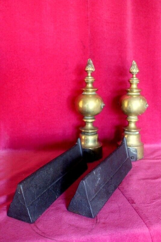 Pair Of Italian Antique Cast Iron And Brass Fireplace Andirons Fire Dogs 19th C photo vintage