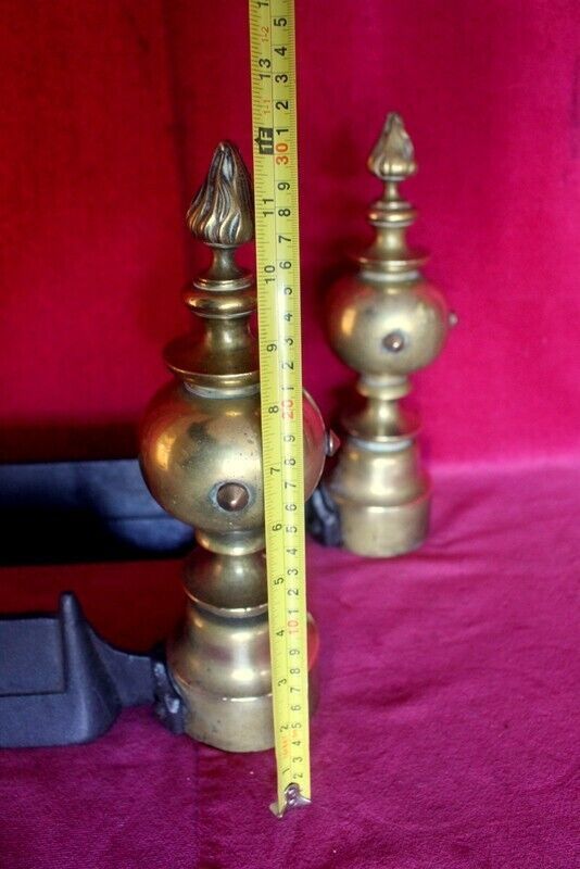photo for sale Pair Of Italian Antique Cast Iron And Brass Fireplace Andirons Fire Dogs 19th C
