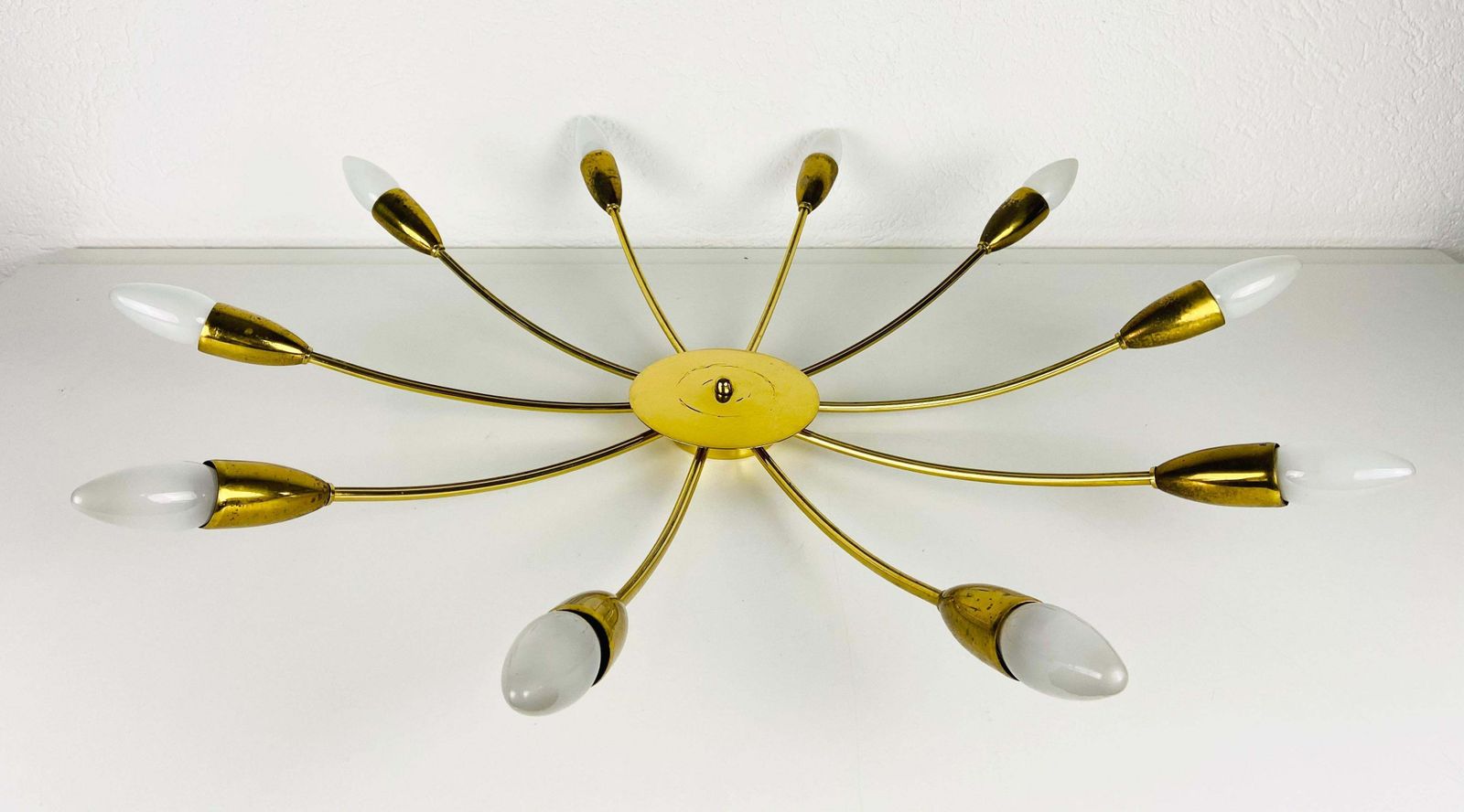Large Midcentury Brass 10 Arm Sputnik Chandelier, 1950s photo buy