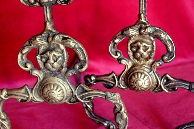 19th C Pair Of Italian Antique Cast Iron And Brass Fireplace Andirons Fire Dogs photo Home Fixtures
