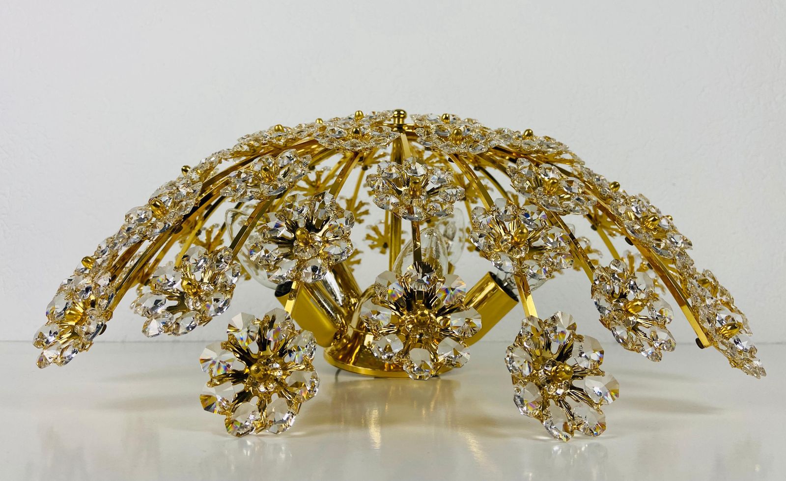 Gilt Brass And Crystal Glass Flush Mount By Palwa, Germany, 1970s photo for sale