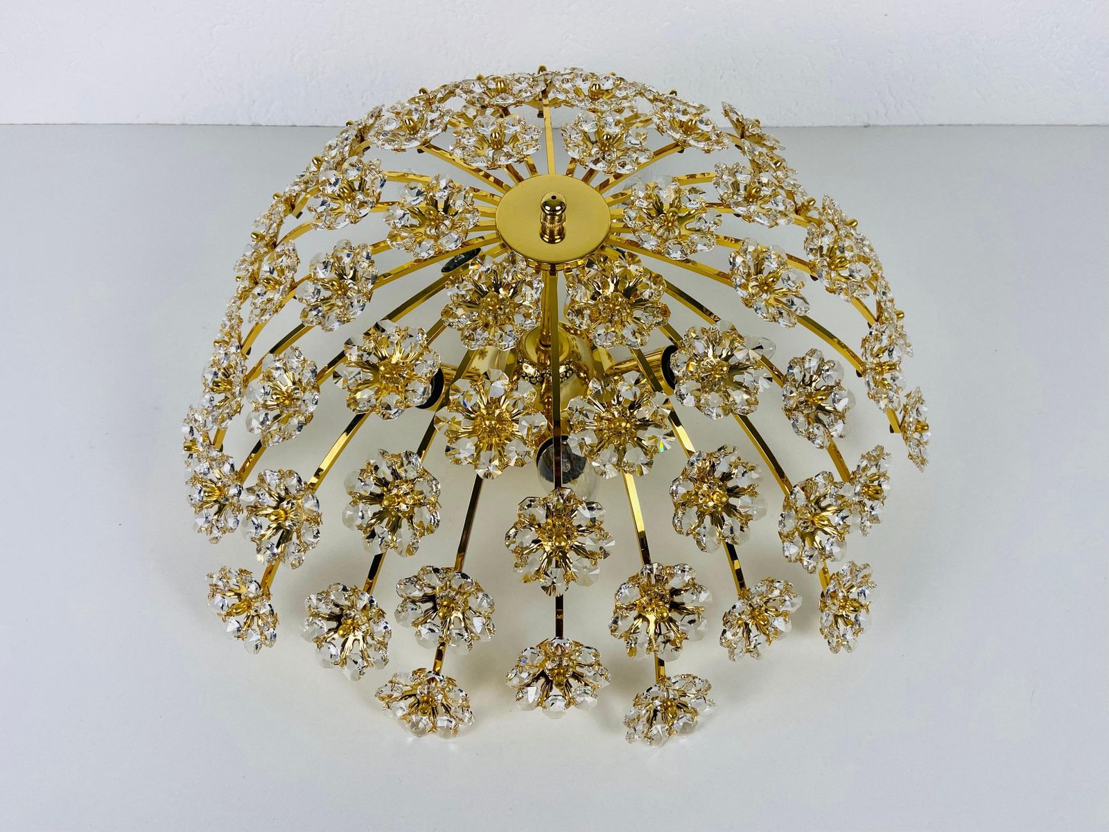 Gilt Brass And Crystal Glass Flush Mount By Palwa, Germany, 1970s photo buy