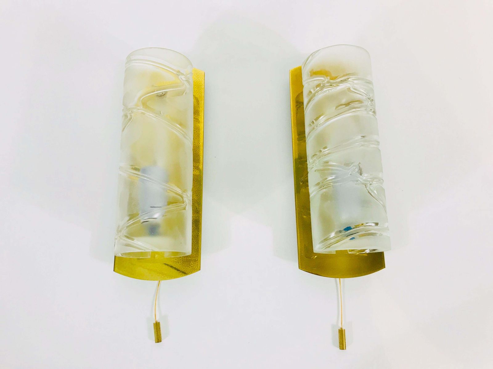 Midcentury Pair Of Brass And Glass Wall Lamps By Doria, 1960s photo vinterior