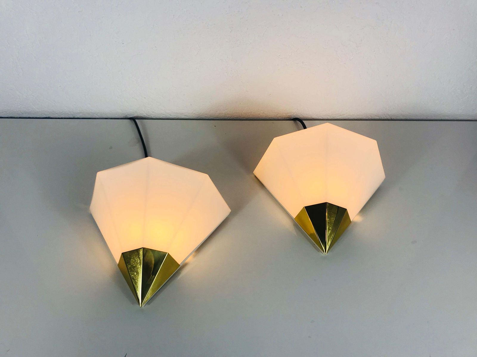 Midcentury Brass And Opaline Glass Wall Lamps By Limburg, Germany, 1970s, Set photo for sale