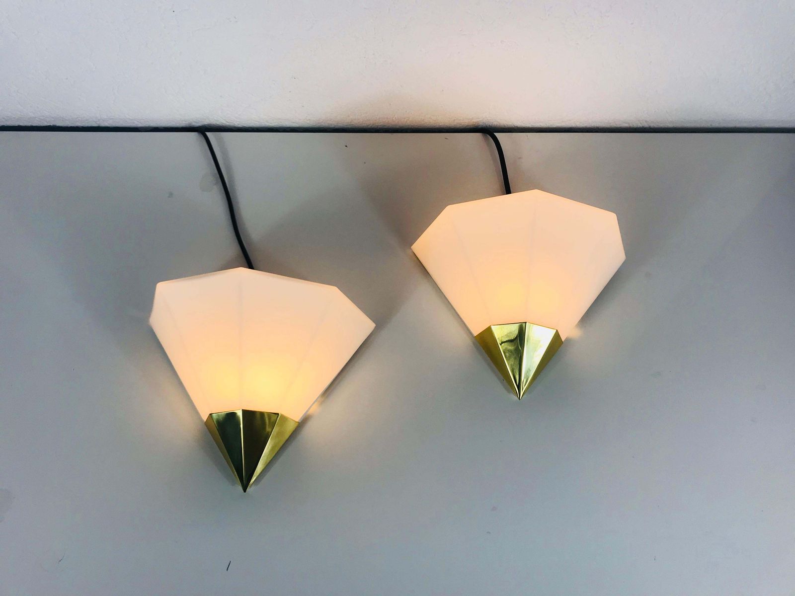 Midcentury Brass And Opaline Glass Wall Lamps By Limburg, Germany, 1970s, Set photo buy