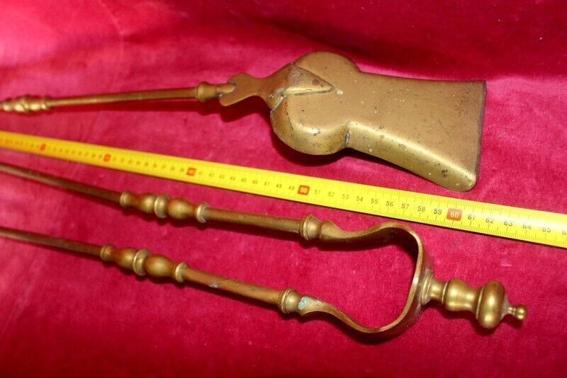19th C Pair Of Italian Antique Brass Fireplace Companions Golden Solid Brass photo buy