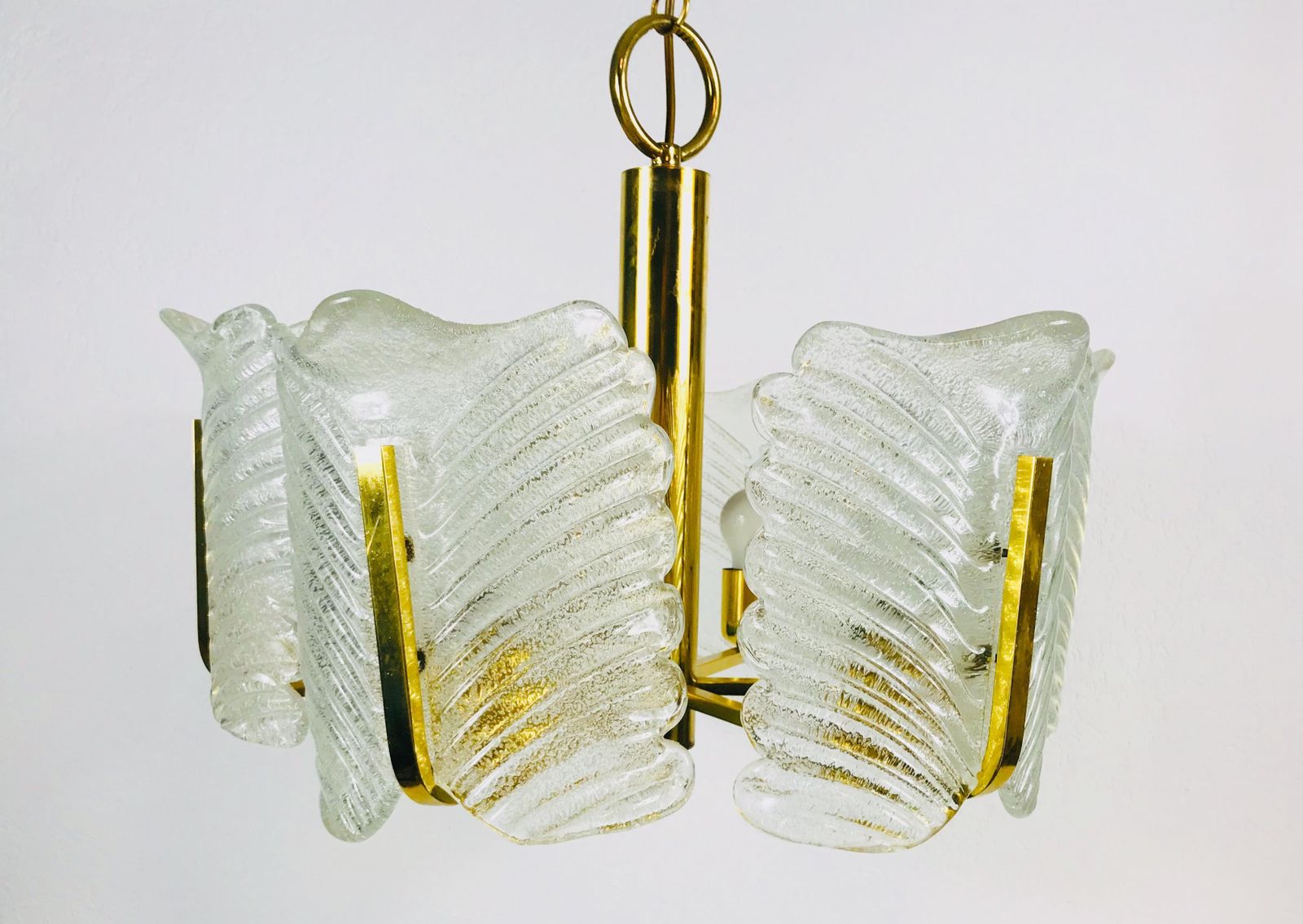 Large Rare Midcentury 6 Arm Brass And Ice Glass Chandelier, 1960s photo Lighting