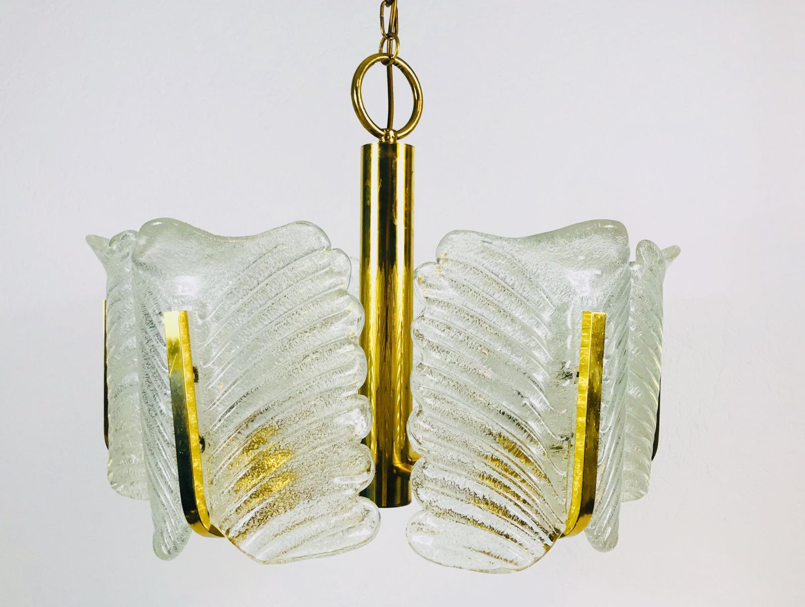 Large Rare Midcentury 6 Arm Brass And Ice Glass Chandelier, 1960s photo 1565.0