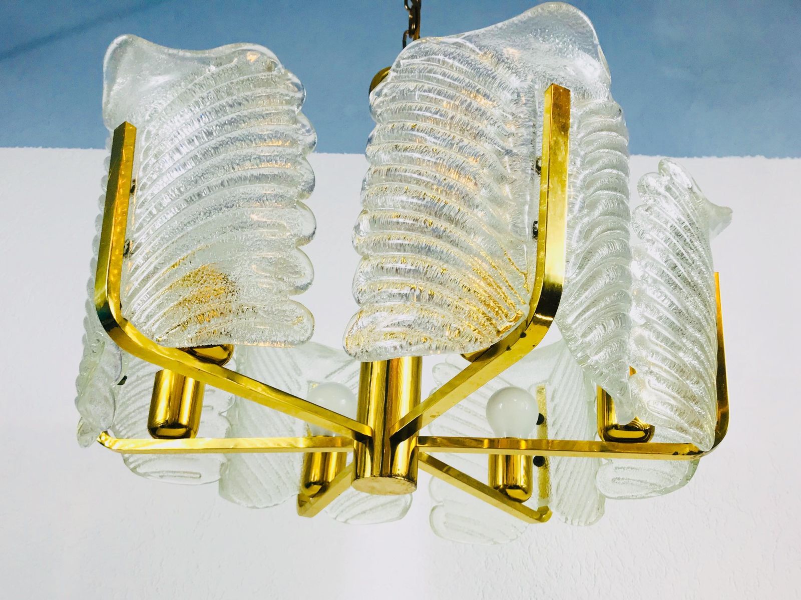 Large Rare Midcentury 6 Arm Brass And Ice Glass Chandelier, 1960s photo vintage