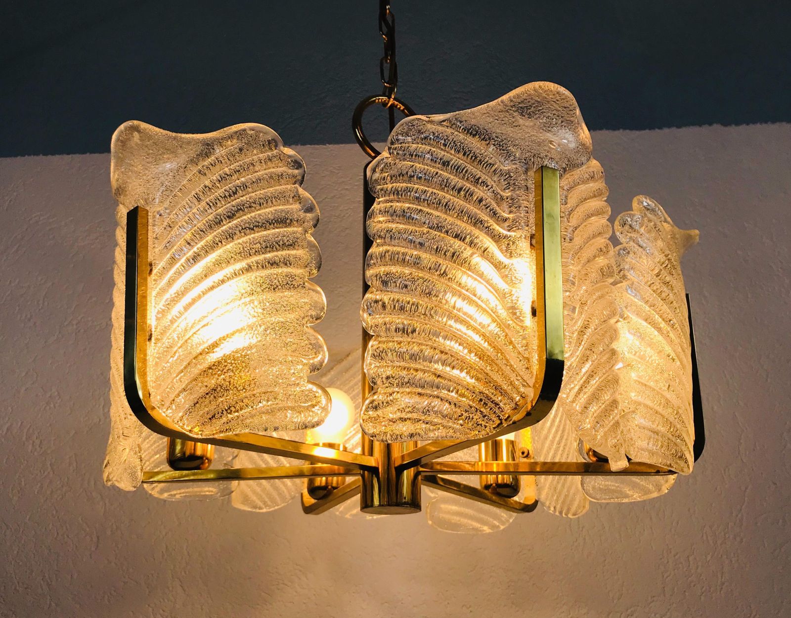 Lighting Large Rare Midcentury 6 Arm Brass And Ice Glass Chandelier, 1960s photo