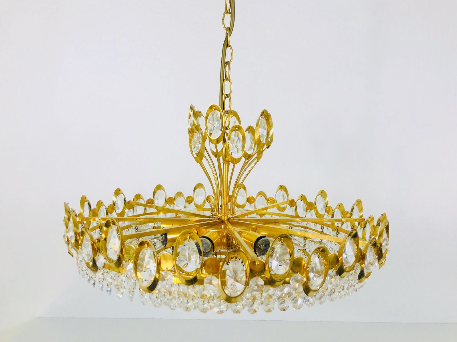 Golden Gilded Brass And Crystal Glass Chandelier By Palwa, Germany, 1960s photo Lighting