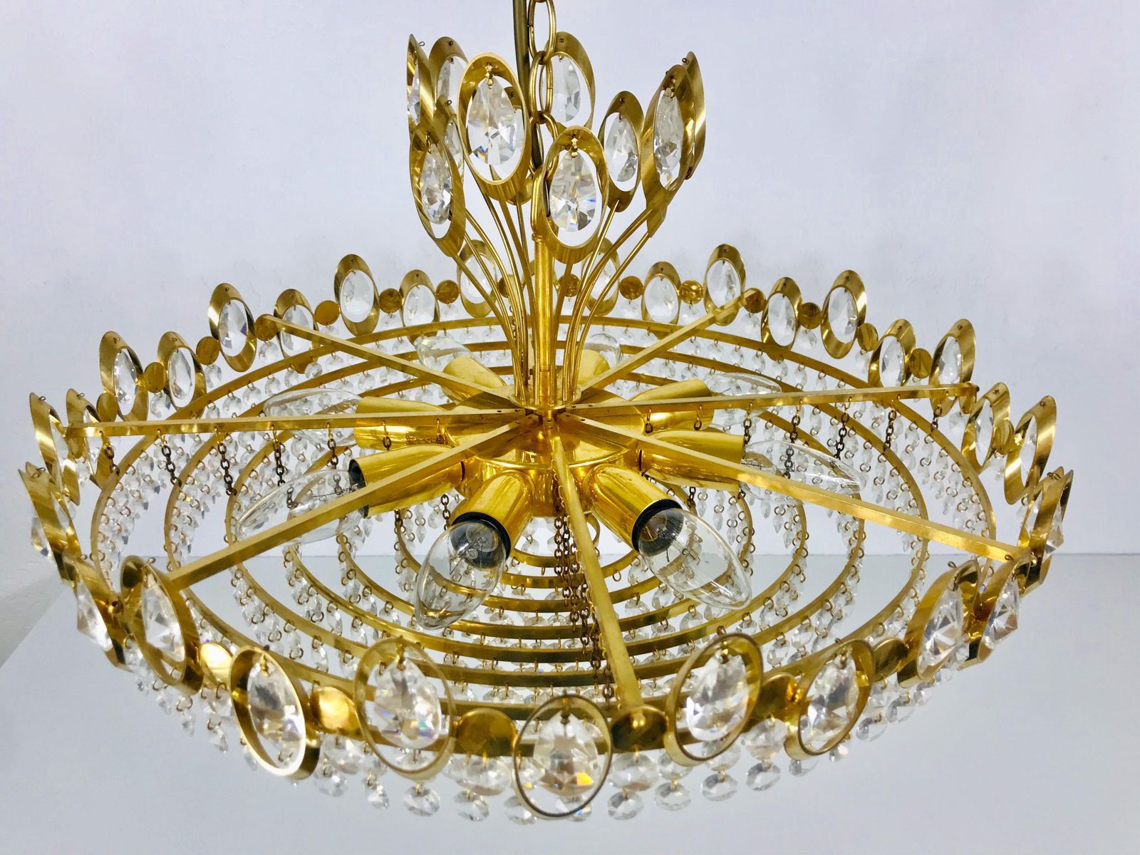 Golden Gilded Brass And Crystal Glass Chandelier By Palwa, Germany, 1960s photo 1753.0