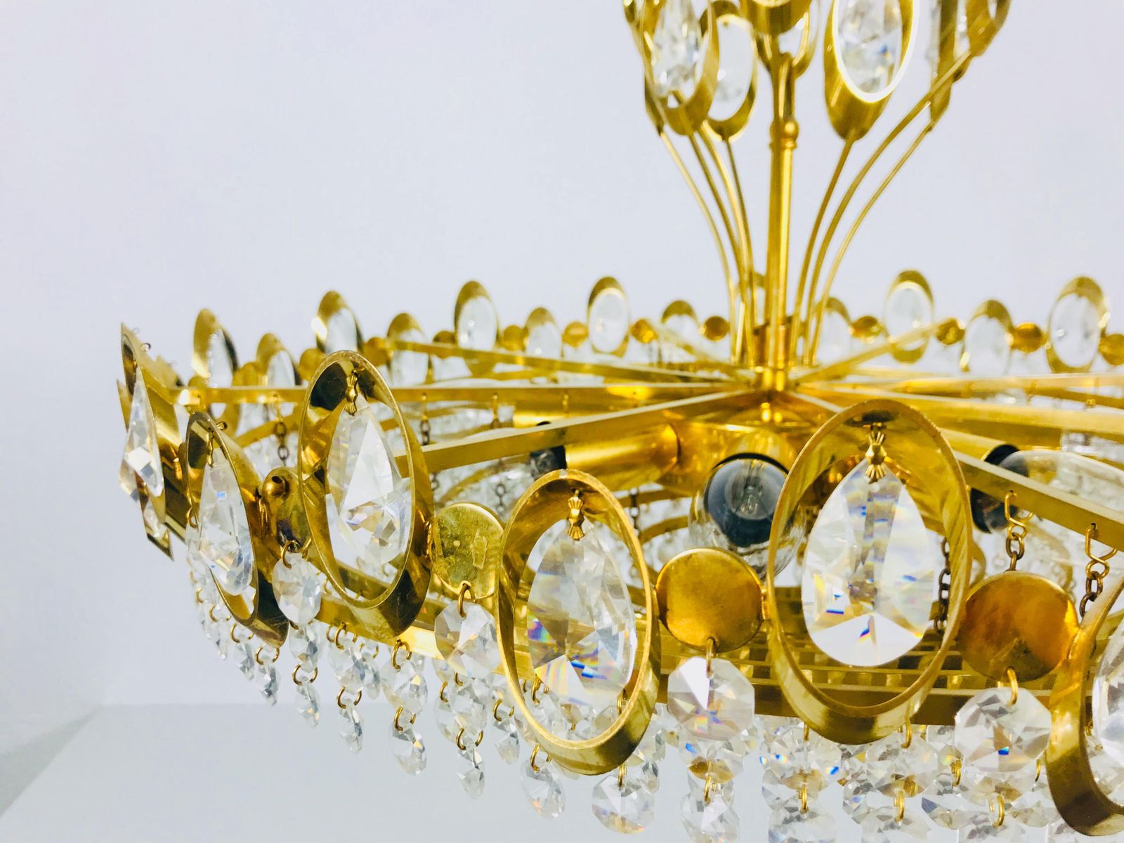 Golden Gilded Brass And Crystal Glass Chandelier By Palwa, Germany, 1960s photo vintage