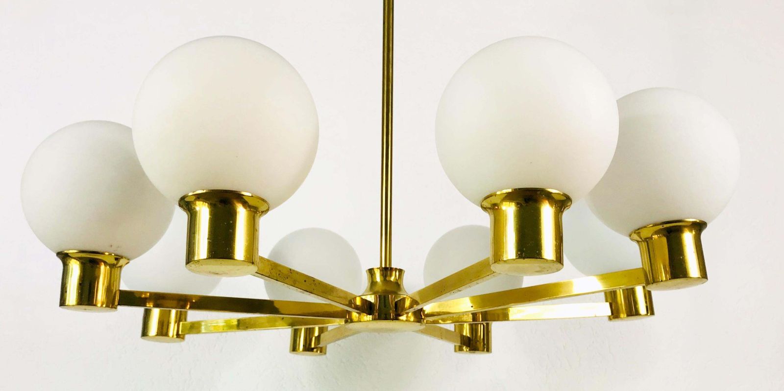 Rare Midcentury 8 Arm Brass And Opaline Glass Chandelier, 1960s photo Lighting