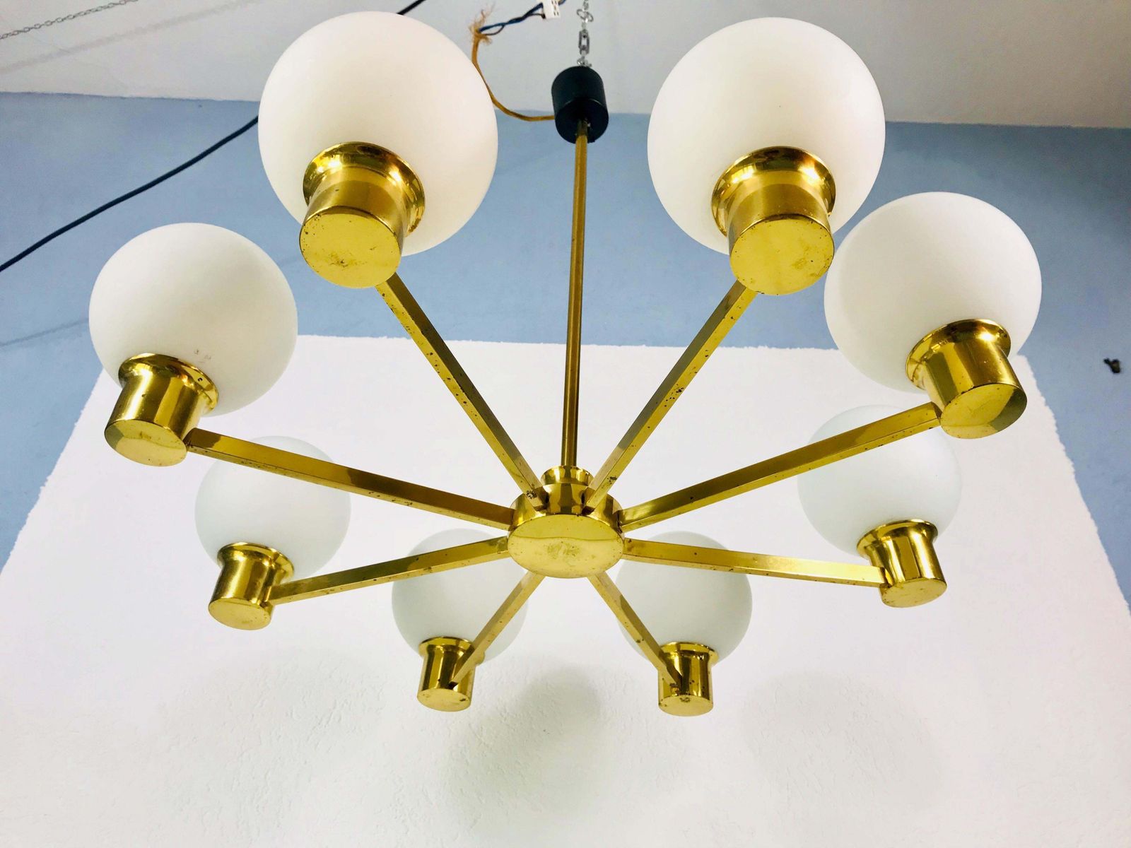 Rare Midcentury 8 Arm Brass And Opaline Glass Chandelier, 1960s photo 846.0