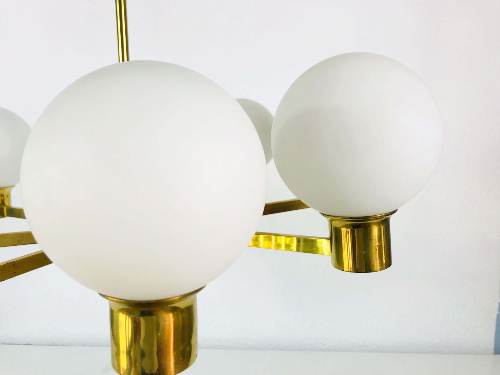 Rare Midcentury 8 Arm Brass And Opaline Glass Chandelier, 1960s photo vintage