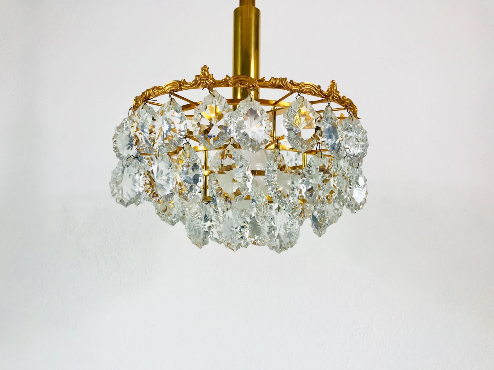 Gilt Brass And Crystal Glass 4 Tier Chandelier By Palwa, Germany, 1970s photo vintage