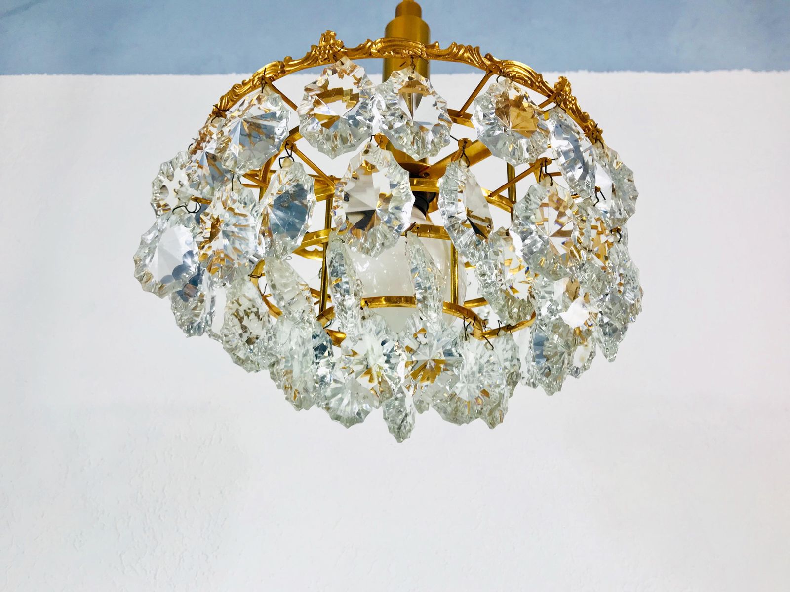 photo for sale Gilt Brass And Crystal Glass 4 Tier Chandelier By Palwa, Germany, 1970s
