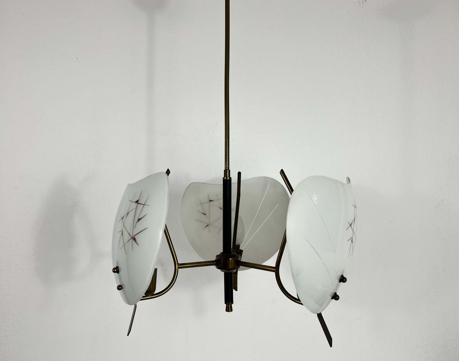 Italian Midcentury Brass And Glass 3 Arm Sputnik Chandelier, 1950s photo for sale