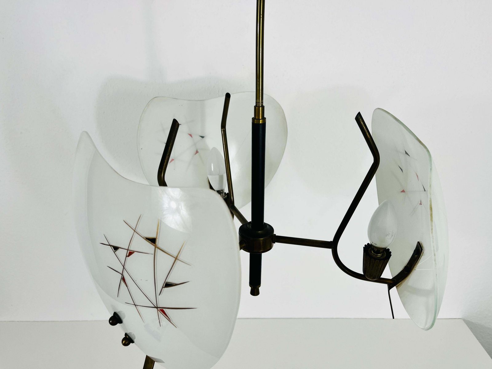Italian Midcentury Brass And Glass 3 Arm Sputnik Chandelier, 1950s photo vinterior