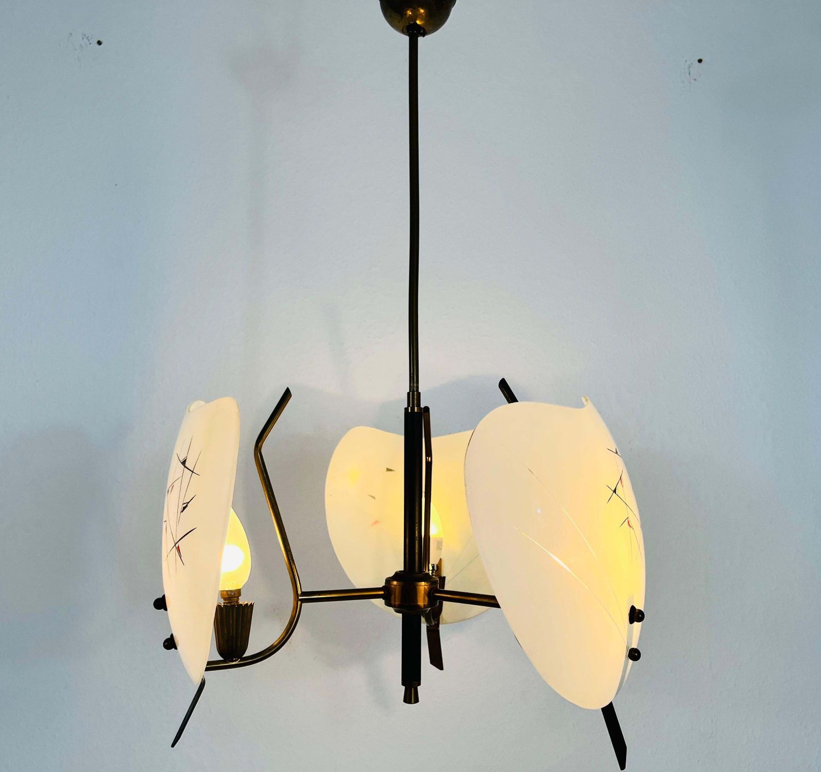 photo furniture Italian Midcentury Brass And Glass 3 Arm Sputnik Chandelier, 1950s